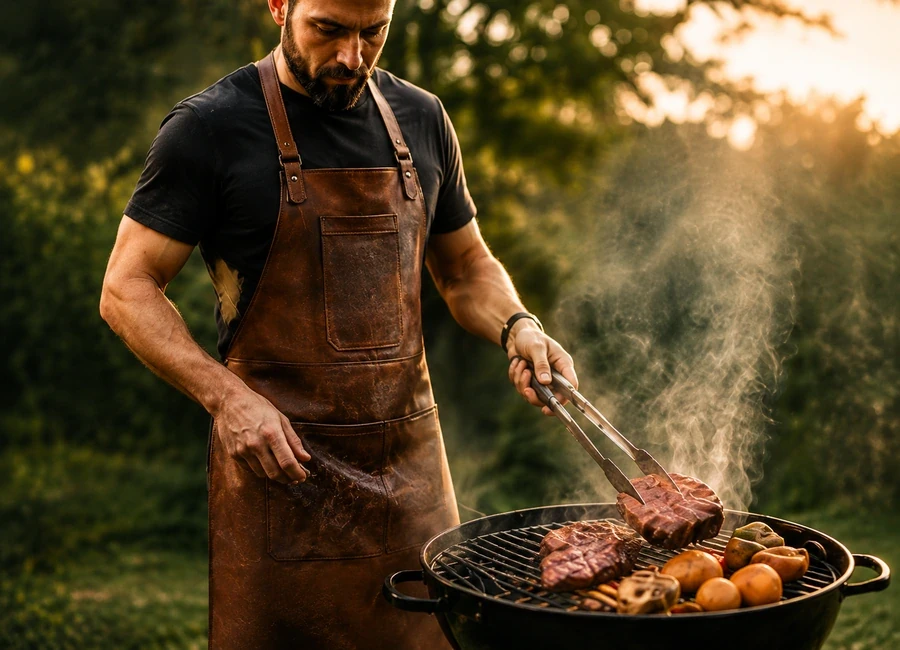 Muž u grilu v kožené zástěře – dárky pro grilmistra